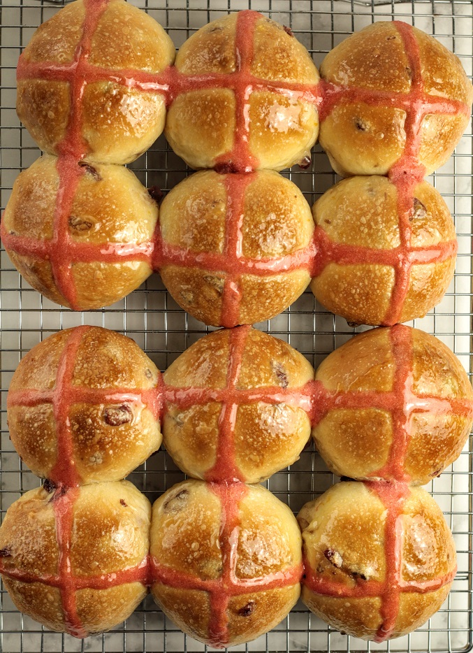 sourdough orange cranberry hot cross buns